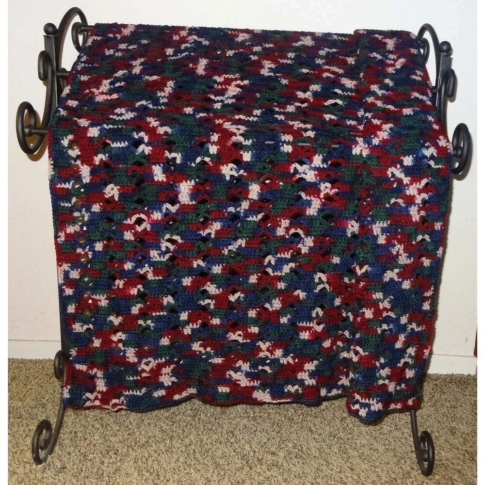 Hand Crocheted Afghan: Open Work Style, Blue Green Red 39